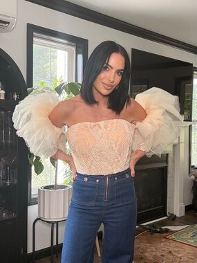 Ivory Tulle Puff-Sleeve Beaded Crop Top Statement Piece UK Fashion